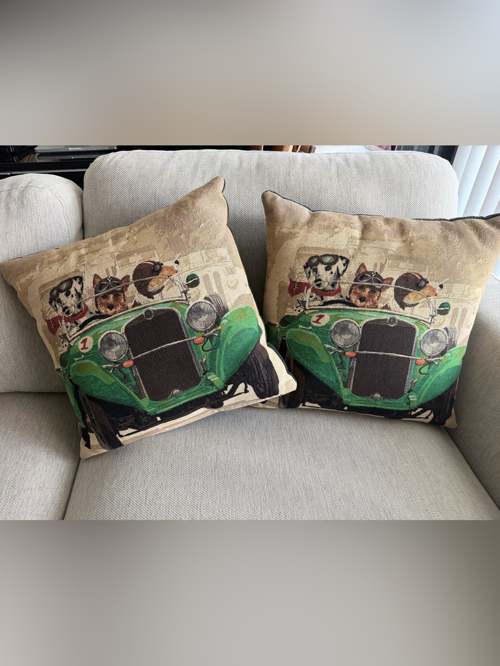 Vintage Hines of Oxford racing dogs in green car Tapestry cushion
